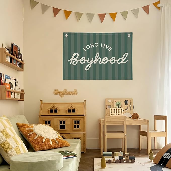 Long Live Boyhood Banner, Boy Nursery Decor, Canvas Banner Wall Hanging Flag Decor for Nursery Playroom Toddler Room, Boys Kids Room - Deep Green