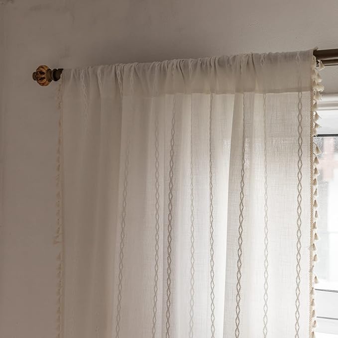 Deeprove White Boho Curtains 72 inches Long with Tassel for Bedroom Living Room, Bohemian Moroccan Sheer Embroidery Rustic Farmhouse Cotton Linen French Country Window Drape, W52 x L72, 1 Panel