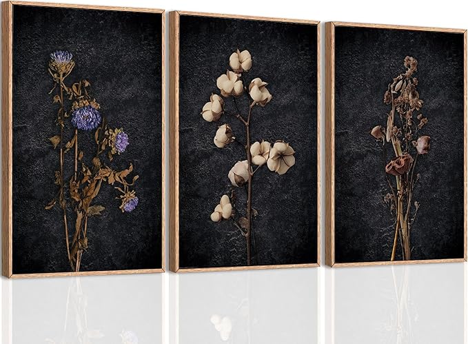 Anyzal Large Dark Moody Wall Art Framed Black Dried Floral Wall Decor Vintage Wildflower Artwork Prints for Living Room Bedroom Office 16x24 Inch Set of 3