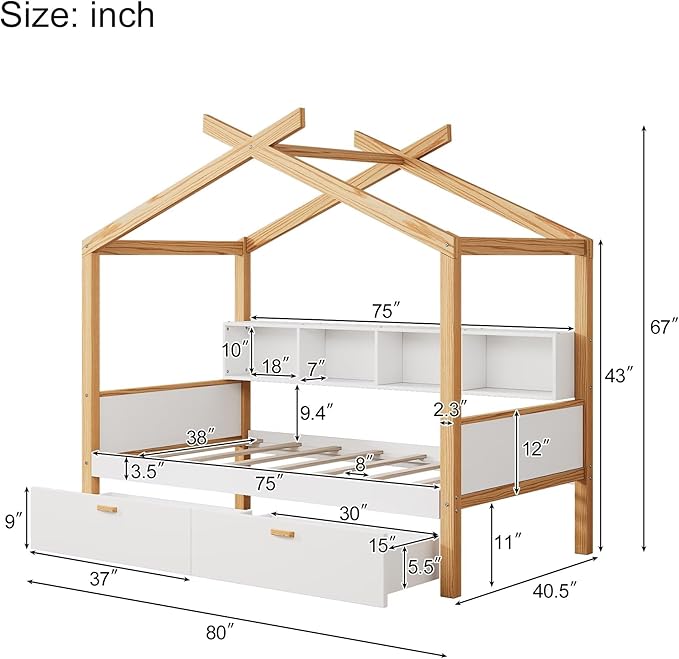 Twin Size Wooden House Bed with Two Drawers and Bookshelf Storage Space, Original Wood Colored Frame with Roof and Slats Support for Kids Teens Girls Boys Bedroom (White+Drawers, Twin)