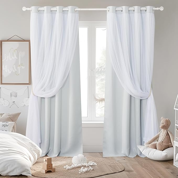 PONY DANCE White Blackout Curtains - Double Layer Backdrop Curtains 72 Inches Long with Sheer Elegance Grommet Window Panels for Girls Kids Room Darkening (52x72, Greyish White, 2 PCs)