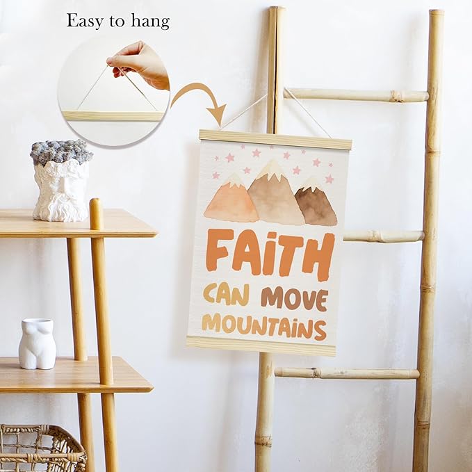 TRKAE Christian Canvas Poster Hanger Frame, Faith Can Move Mountains Wall Art for Kids, Positive Motivational Wall Decor for Classroom Nursery Preschool Bedroom -038