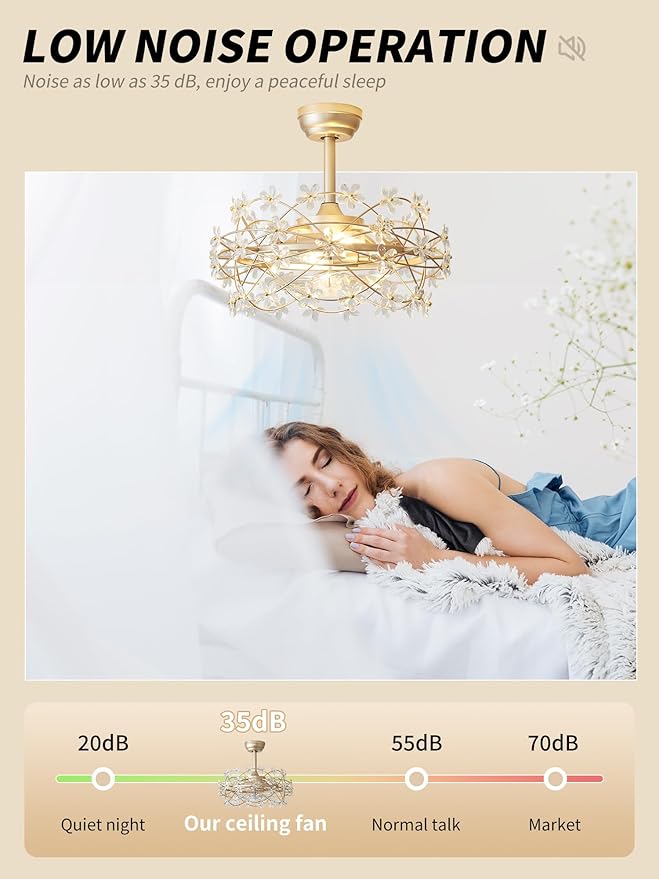 20" Gold Crystal Fandelier Ceiling Fan with Light, Mid-Century Chandelier Ceiling Fan with Light Remote Control, Flower Caged Enclosed 6 Speeds for Bedroom, Nursery, Foyer, Living Room
