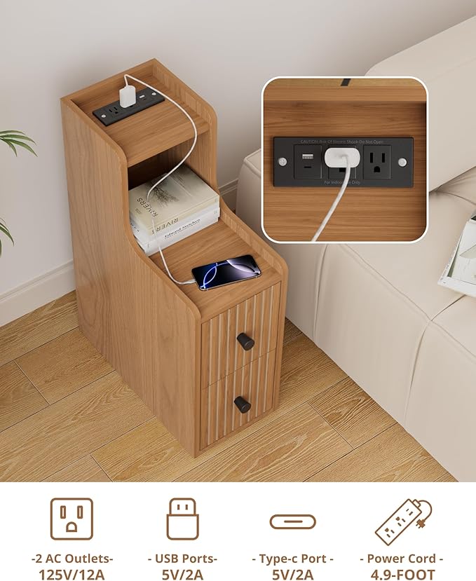 Set of 2 Narrow Side Table with Charging Station, Wooden Slim End Table with Storage, Mid Century Modern Nightstand with Drawers for Living Room, Walnut