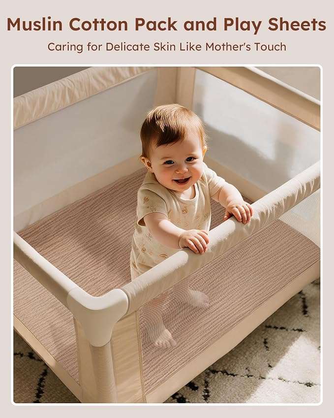 Muslin Pack and Play Sheets Fitted, 100% Cotton Mini Crib Sheets 2 Pack for Pack N Play Mattress, Stretchy Playard Sheet, Soft and Breathable Beige & Brown