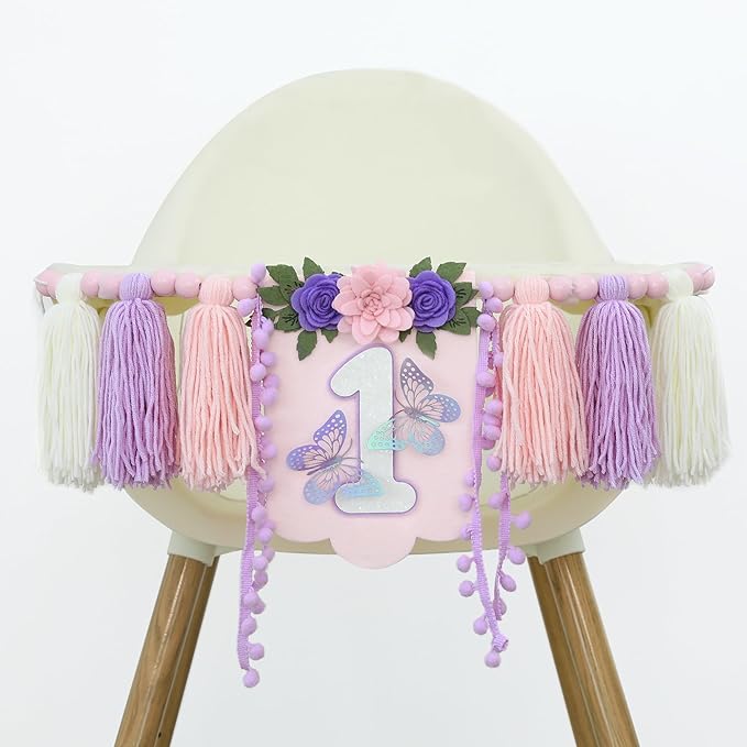 Handmade Butterfly Wildflower 1st Birthday High Chair Banner Purple Pink Floral Theme Party Decoration For Girls Wall Hangings Decorative