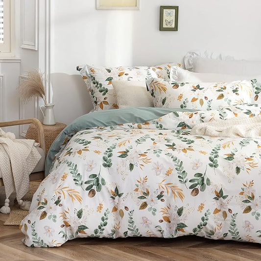 MILDLY 100% Washed Cotton Duvet Cover Set - Garden Flower Printed Autumn Comforter Cover Set Full Size Soft Breathable Bedding Set with Zipper Ties