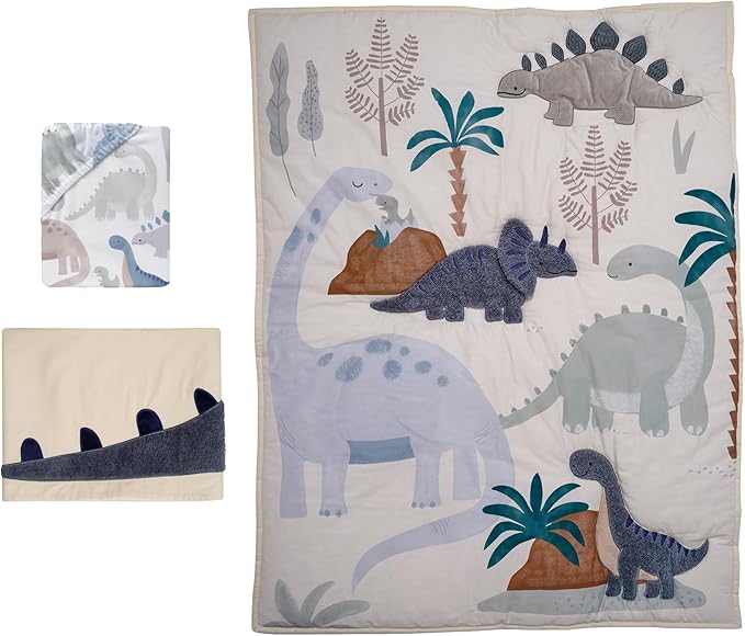 Lambs & Ivy Dino-Might 3-Piece Blue/Gray Dinosaur Nursery Baby Crib Bedding Set
