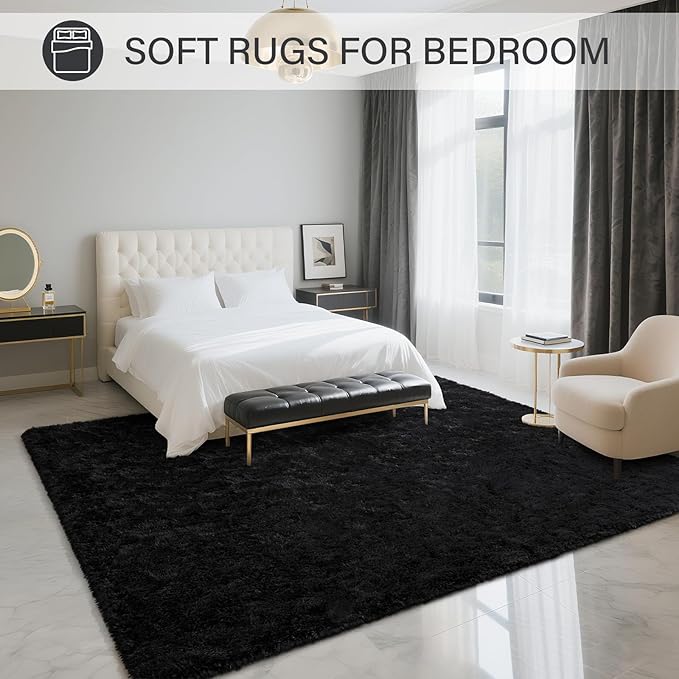 BENRON Fluffy Rugs for Living Room 5x8 Black, Washable Large Area Rugs for Bedroom Dining Table Office Kids Nursery Room, Washable Indoor Floor Carpets