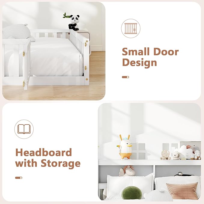 mikibama Twin Floor Bed for Kids, Wooden Montessori Bed Frame with Headboard Bookcase, Storage Shelves & Safety Fence Rails, Kids Floor Bed Frame with Door for Girls, Boys, White