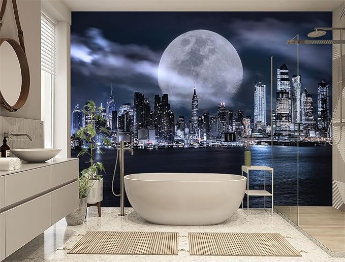 XMPMBM-Grey City Night View The Moon Nursery Room Fabric Wallpaper Living Room Bedroom Bathroom Wall Mural-W 88" X H 59"（36 Square Foot）