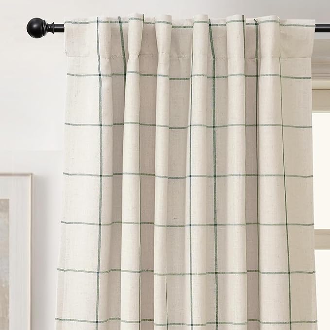 DriftAway 2 Panels 100% Blackout Windowpane Plaid Linen Curtains Double Layer Drapes for Bedroom 63 Inches Long Farmhouse Thermal Insulated 3.25 Inch Rod Pocket Back Tab for Living Room Loden Green