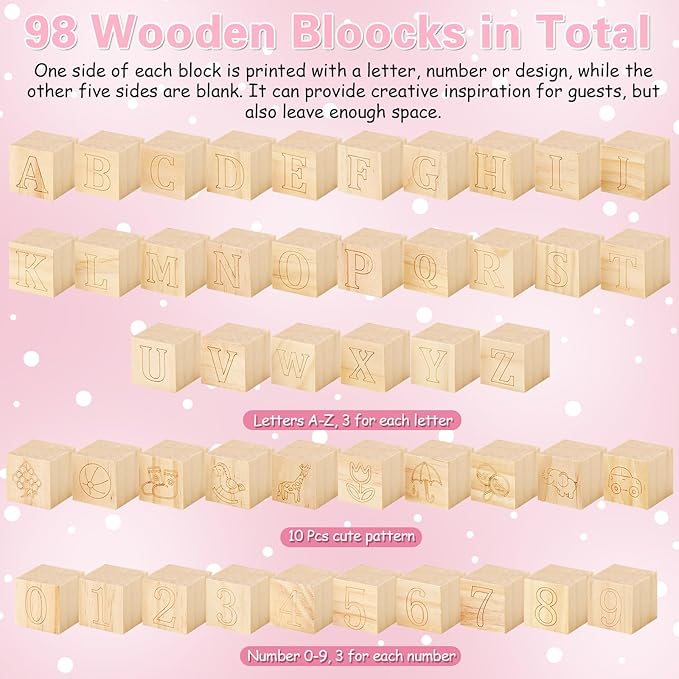 Marsui 136 Pcs Baby Shower Blocks to Decorate Game Kit Includes 98 Wooden Blocks, 36 Markers, 1 Game Sign, 1 Storage Box for Baby Shower Gender Reveal Activity Party Decorations (Pink Bow)