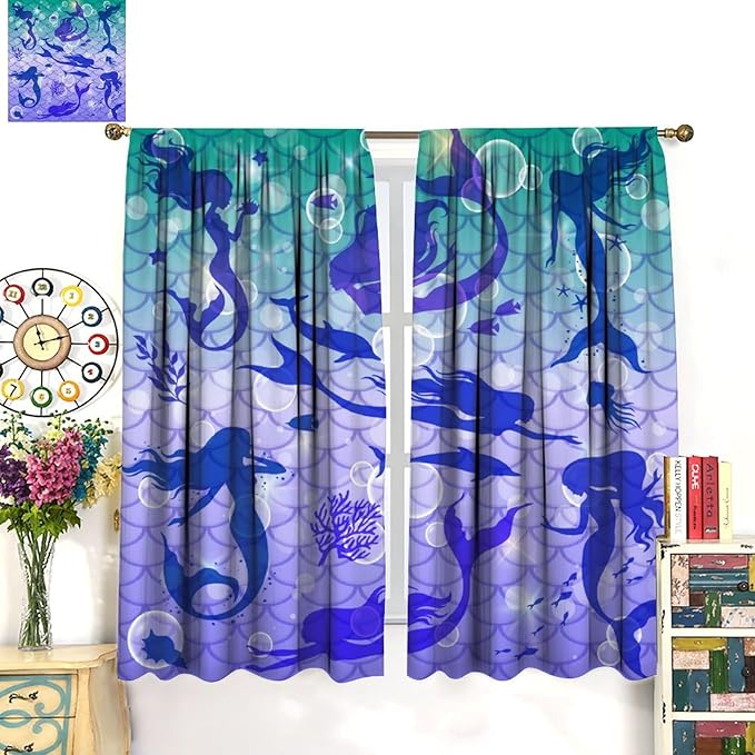 Mermaid Kids Girls Curtains Fantasy Mermaid Silhouette Ocean Theme Beautiful Blackout Window Treatment for Girls Bedroom Nursery Room Decor Rod Pocket Window Drapes 42" W X 63" L