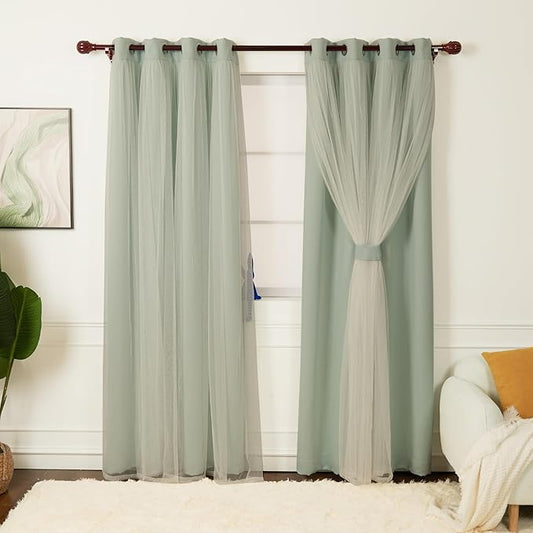 INLINAS 52 x 96 Inch Blackout Curtains with Sheer Overlay - Grommets Thermal and Noise Reduction Panels for Bedroom and Living Room Light Blocking and Energy Saving, Mint, Set of 2