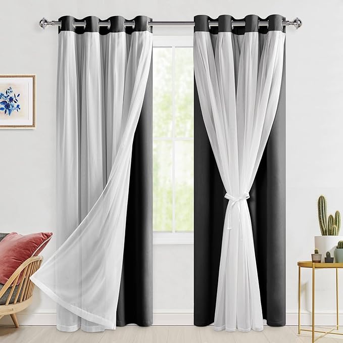 Hiasan Black Blackout Curtains with Sheer 84 Inches Long, Thermal Insulated Mix & Match Double Layer Room Darkening Curtains for Bedroom, Living Room, 2 Window Drape Panels with Tiebacks, 52W X 84L