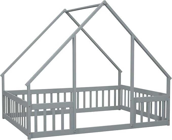 Bellemave Full Floor Bed for Kids, Girls, Boys, Wood House Bed Frame, House Floor Bed for Kids, Full Size Montessori Floor Bed with Fence, Playhouse for Kids, Gray