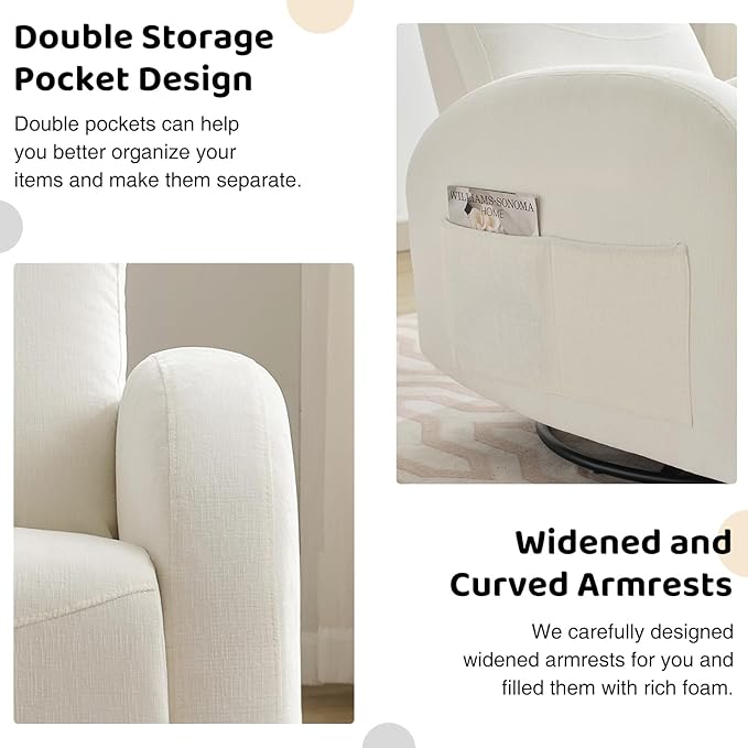 Swivel Recliner Rocker Nursery, Chenille Nursering Glider Recliner, Manual Swivel Rocking Reclining with Double Pockets for Living Room, Cream White