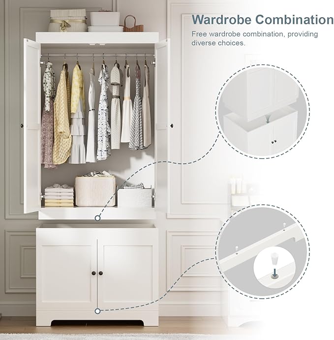 Wardrobe Closet with 2 Doors 2 Cabinets, 71" Tall Armoire with Hanging Rod Freestanding Large Capacity Clothing Wardrobe Cabinet w/Gold Handles for Bedroom-White