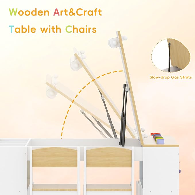 Kids Art Table and 2 Chairs Set, Wooden Craft Desk with 2 Storage Shelves, 6 Storage Bins & Paper Roll for Drawing, Learning and Reading, Toddler Activity Play Desk for Home, 47 L x23 W