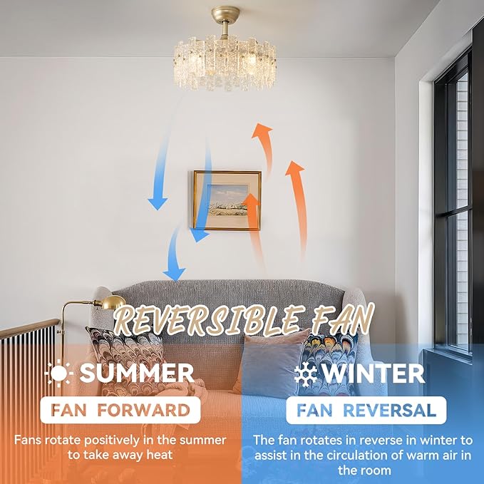 20" Gold Fandelier Ceiling Fan with Lights, Gold Crystal Chandelier Ceiling Fans with Light Remote Control, Modern Caged 6-Speed for Bedroom, Living Room, Nursery