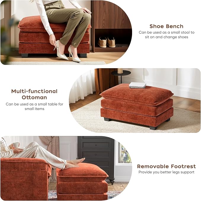 CDCASA Oversized Accent Chair with Ottoman, Chenille Comfy Cloud Sofa Chair with Large Seat and Upholstered Armrests, Modern Extra Wide Armchair for Bedroom, Living Room,Terracotta Orange