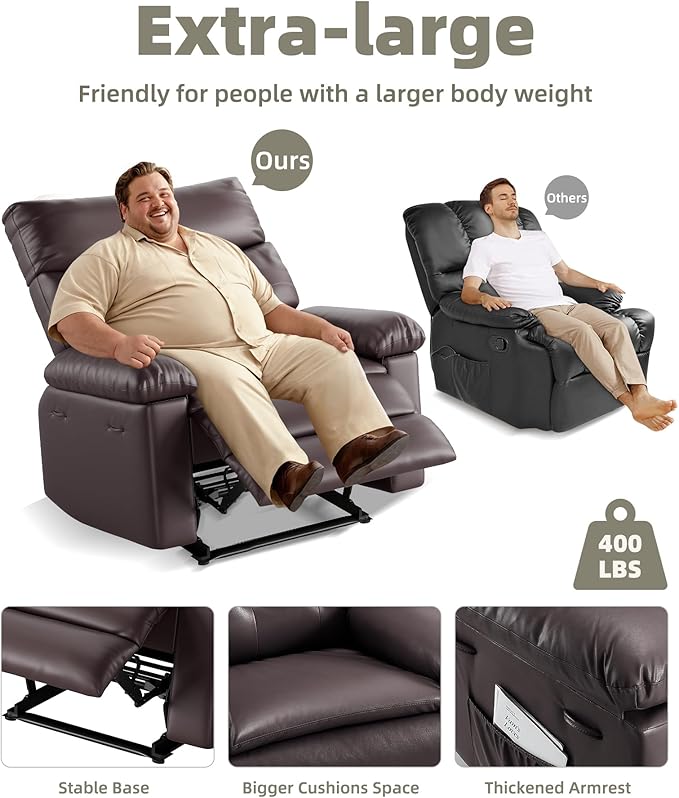 GarveeHome Oversized Recliner Chair - Faux PU Leather Large Manual Recliner for Adults, Exceptional Comfort Lazy Chair with 1.5X Sponge Filling and Easy Recline Mechanism for Relaxation
