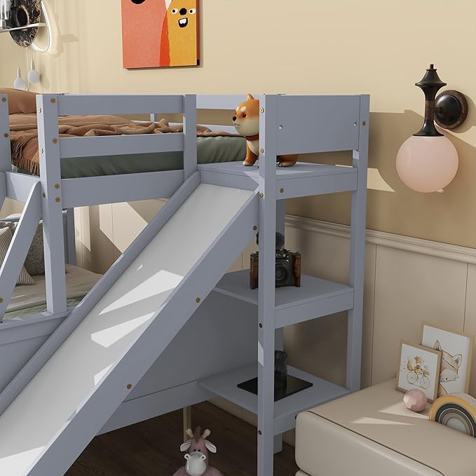 Twin Over Full Bunk Bed with 2 Drawers and Slide, Wood Bunk Bed Frame with Shelves and Ladder, Space Saving Design Bunk Bed for Kids Teens Boys Girls (Grey-x32c)
