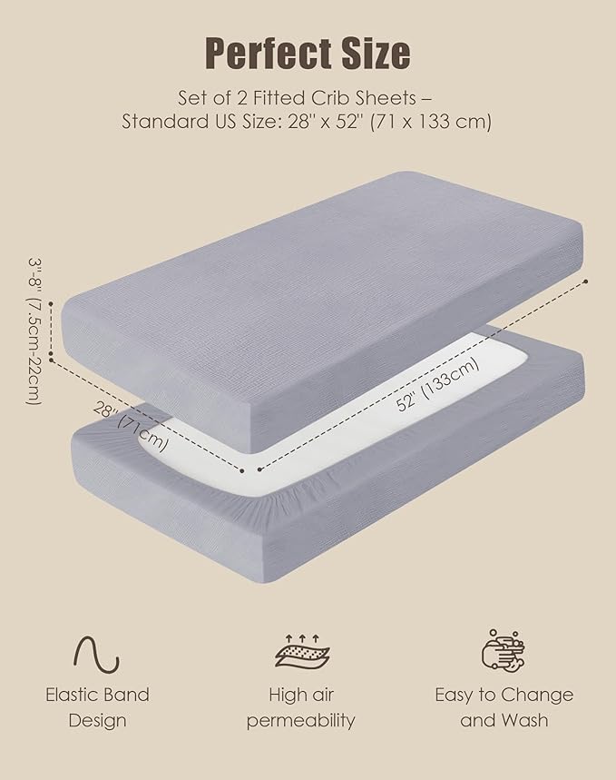 SWEET DOLPHIN 2-Pack Muslin Crib Sheets for Boys & Girls, Ultra Soft Breathable 40S Long-Staple Cotton Fitted Baby Sheets for Standard Crib Mattress 52"x28", Slate and Grey- Nursery Essentials
