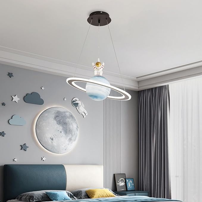 Astronaut Pendant Light with Glass Globe, Cute Planet Hanging Light Fixture, LED Cartoon Chandelier for Children's Bedroom Nursery