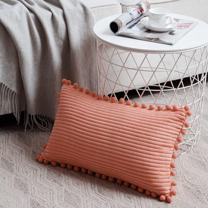 Fancy Homi Pack of 2 Coral Decorative Throw Pillow Covers 12x24 Inch with Pom-poms for Living Room Couch Bedroom, Soft Corduroy Peach Solid Lumbar Cushion Case 30x60 cm, Rustic Farmhouse Home Decor