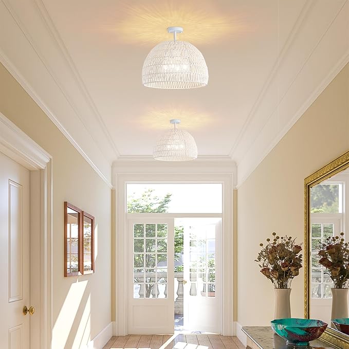 Rattan Ceiling Light Fixture, 4-Light Boho Semi Flush Mount Ceiling Light, 20" Wicker Light Fixture with Handmade Woven Cage Lampshade, Rattan Chandelier for Bedroom Hallway Nursery Kitchen Farmhouse