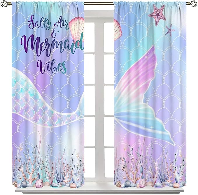 Fantasy Mermaid Curtain Colorful Rainbow Fish Tail Ocean Theme Beautiful Kids Window Treatment for Girls Bedroom Nursery Room Decor Rod Pocket Window Drapes 72x63in