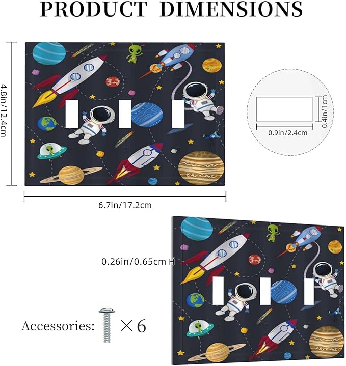 Rocket Planets Astronaut Blue Decorative 3 Gang Light Switch Covers Triple Toggle Wall Plate Decorative Switchplate Electrical Faceplate for Nursery Kidsroom Bedroom Decor
