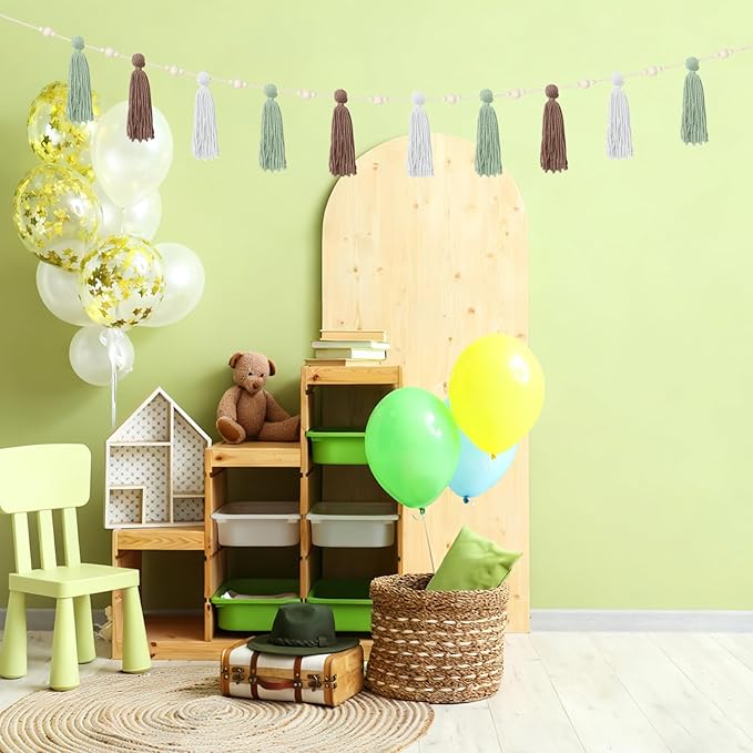 2 Pcs Tassel Garland with Wood Beads, Handmade Cotton Yarn Wall Hanging Banner Boho Tassel Wall Hanging Party Decor for Nursery, Birthday Baby Shower Home Classroom Decoration(Earth Tones)
