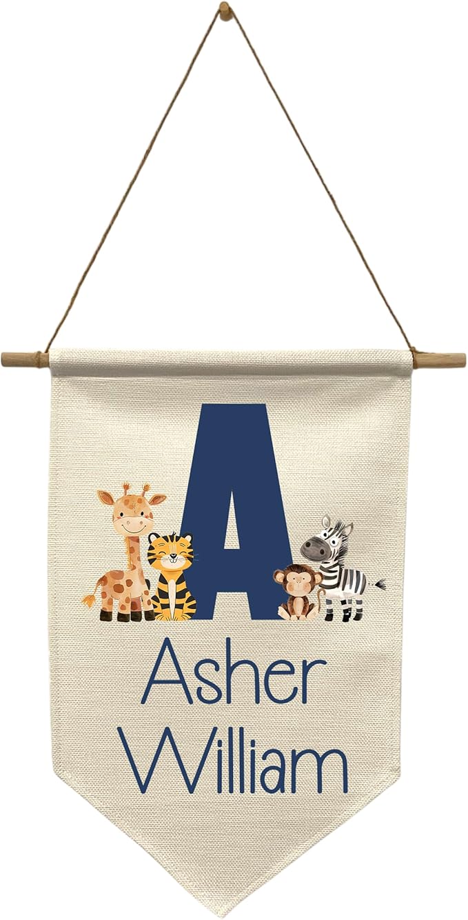 Custom Nursery Wall Hanging with Name – Personalized Zoo Aminal Banner with Initial- Kids Room Decor – Sign for Nursery, Bedroom, or Playroom