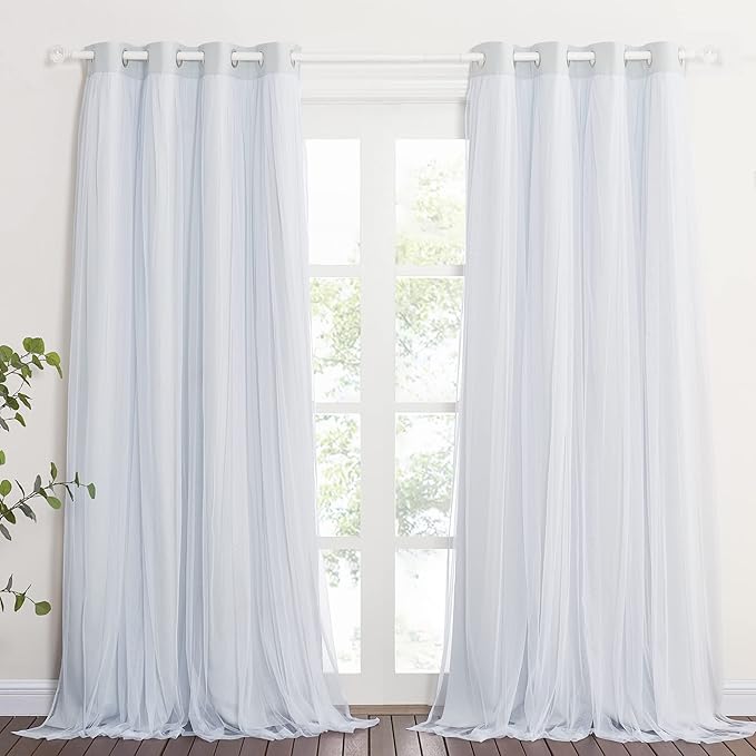 PONY DANCE White Blackout Curtains - Double Layer Backdrop Curtains 72 Inches Long with Sheer Elegance Grommet Window Panels for Girls Kids Room Darkening (52x72, Greyish White, 2 PCs)