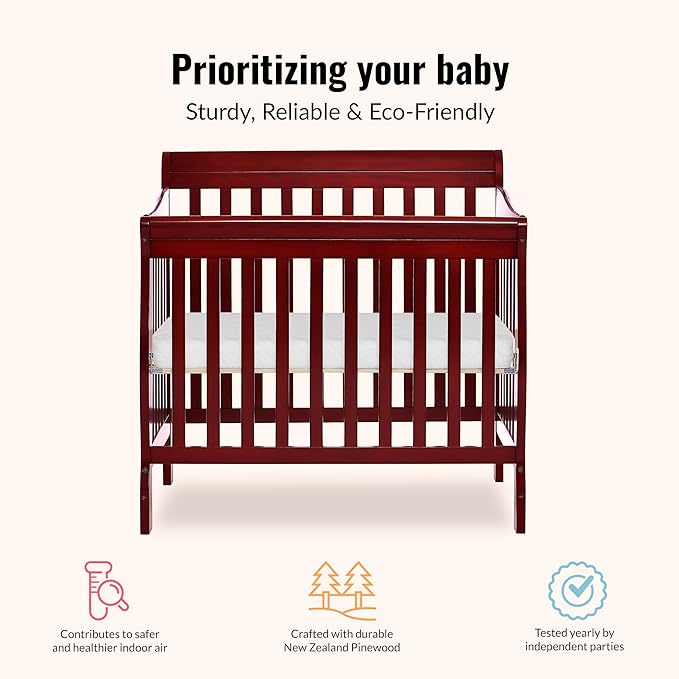 Dream On Me Aden 4-in-1 Convertible Mini Baby Crib in Cherry, GreenGuard Gold & JPMA, Sustainable Pinewood, Non-Toxic Finish, 3 Mattress Heights, Converts to Mini Day & Twin-Size Bed
