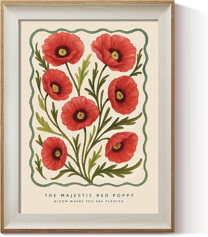 Framed Canvas Wall Art, 12x16 Inch Vintage Red Poppy Flower Print with Inspirational Quote-Rustic Botanical Decor for Bedroom, Living Room, Or Office