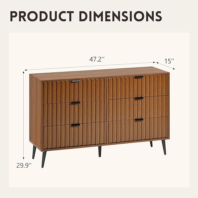 Fluted Dresser for Bedroom with 6 Drawers, 47'' Wide Modern Dresser with Metal Handle, Natural Wood Dressers Organizer with Blister Drawers for Bedroom, Brown