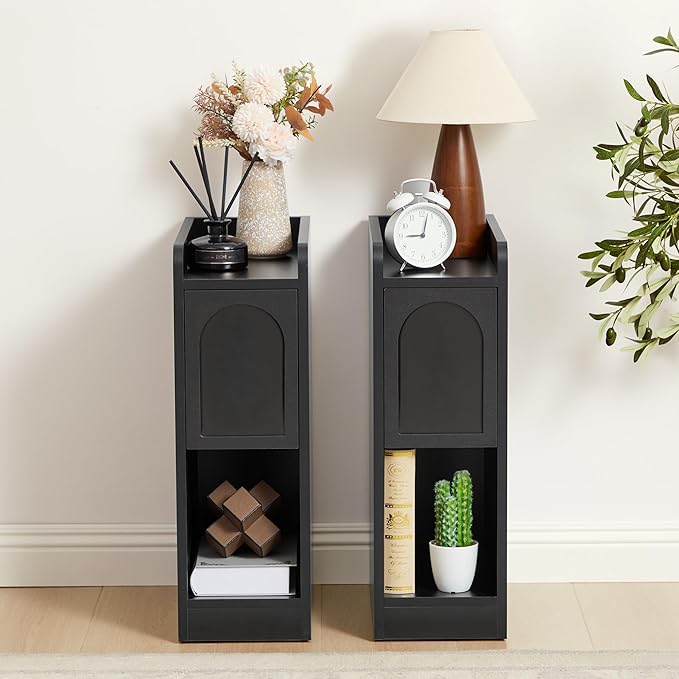 Narrow Nightstands Set of 2, Slim Bedside Tables with Raised Edge Top, Arched Drawer & Open Shelf, Modern Wooden Small End Tables for Bedroom Small Spaces (2, Black)