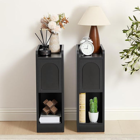 Narrow Nightstands Set of 2, Slim Bedside Tables with Raised Edge Top, Arched Drawer & Open Shelf, Modern Wooden Small End Tables for Bedroom Small Spaces (2, Black)