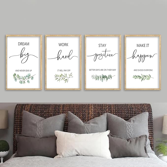 Set of 4 Inspirational Quotes Wall Art 16x11 Inch Encouraging Office Wooden Framed Positive Affirmations Home Family Decor Sign Motivational Plaque Wall Hanging Decoration (Wood)