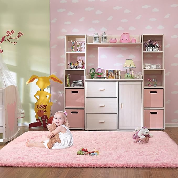 Merelax Soft Modern Indoor Large Shaggy Rug for Livingroom Bedroom Dorm Kids Room Home Decorative, Non-Slip Plush Fluffy Furry Fur Area Rugs Comfy Nursery Accent Floor Carpet 6x9 Feet, Pink
