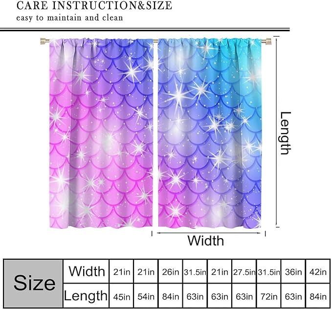 Mermaid Blackout Curtains, Kids Cartoon Blue and Pink Ocean Mermaid Scale Pattern Decoration for Girls Bedroom Nursery Curtains 42x54 Inch