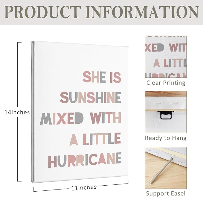 PHAMTE Girls Bedroom Wall Decor,She is Sunshine Mixed with a Little Hurricane Girls Room Wall Art,Sunshine Print Framed Canvas Painting Artwork for Room Bedroom Home Nursery Playroom(11x14 Inch)
