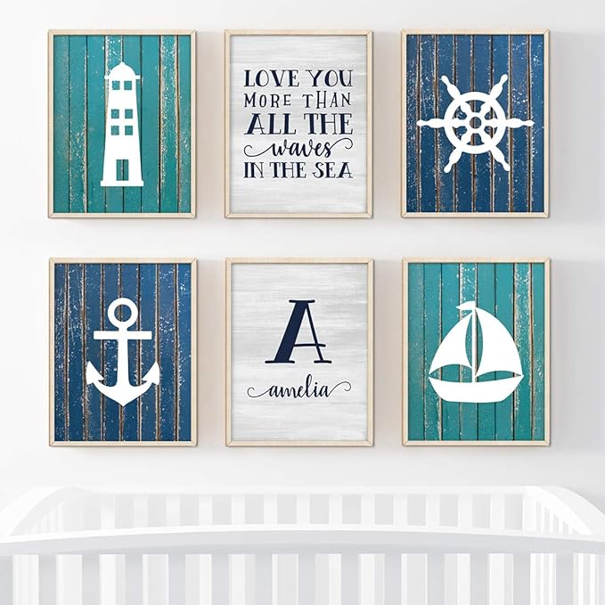 Andaz Press Personalized Ocean Nautical Sailor Theme Nursery Kids Bedroom Hanging Wall Art Decor, 8.5x11-inch, Blue Aqua Rustic Wood, 6-Pack, Custom Name Unframed Poster