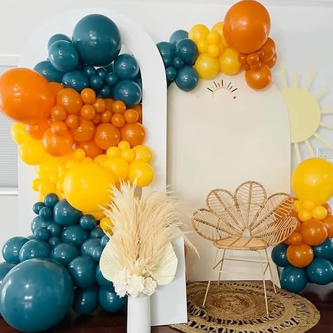 Retro Blue Yellow and Orange Balloons, 60PCS 12 Inch Slate Blue Burnt Orange Mustard Yellow Balloons for Here Comes the Son Baby Shower Kids Birthday Party Boho Party Decorations
