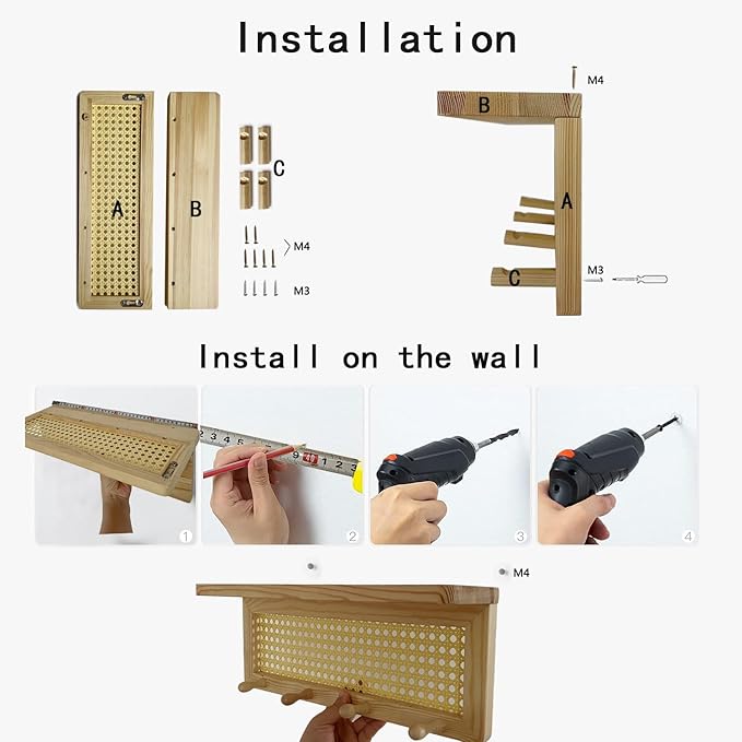 FRIADE PE Rattan Key Holder with 4 Key Hooks,Wall Mounted Decorative Floating Shelf for Entryway,Nursery,Mudroom, Hallway, Office (Burlywood)