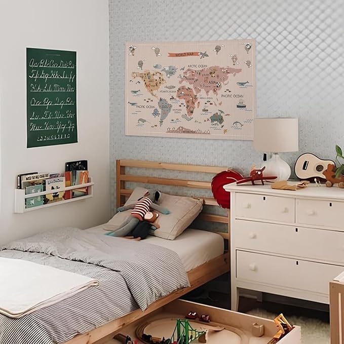 Wheatwin World Maps for Wall, World Map Banner for Kids, Cute Animal World Map Educational Tapestry Wall Hanging Banner Flag Decor for Kids Room Classroom Playroom